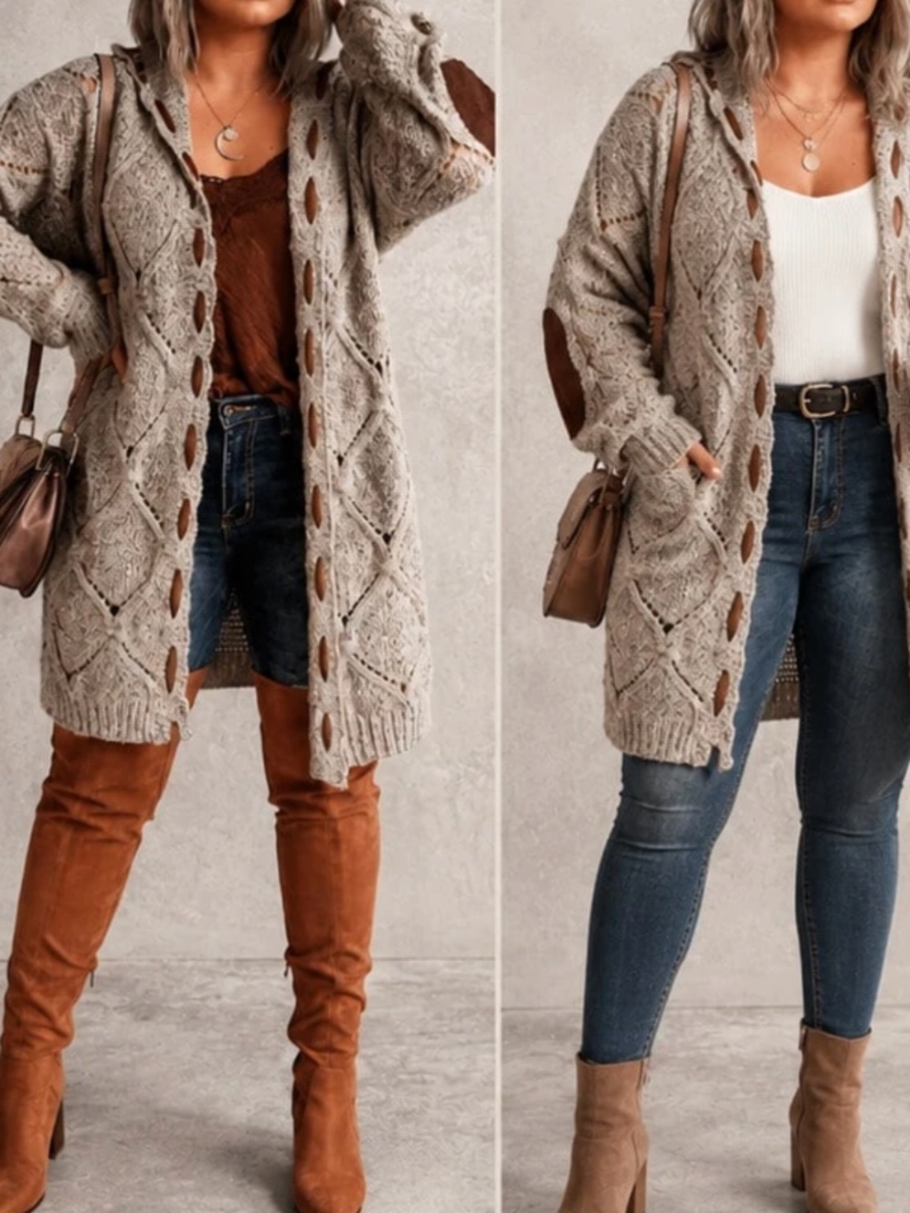Plus Chunky Cable knit Open Front Knee Length Cardigan - Picture 2 of 7